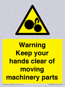 Warning - Keep your hands clear of moving machinery parts